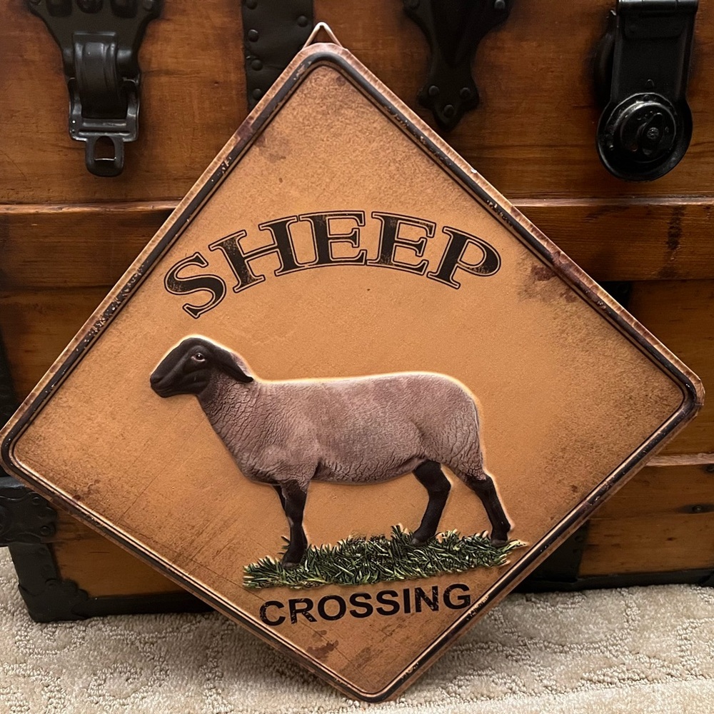 Heavy Metal Sheep Crossing Sign 13” Distressed Retro Look | Hook To Hang | Farm